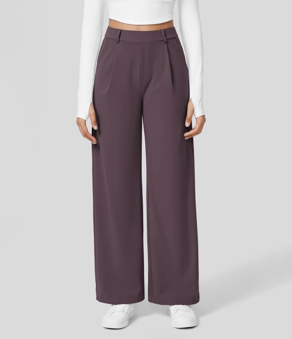 2026🔥  High Waisted Plicated Side Pocket Straight Leg Work Pants