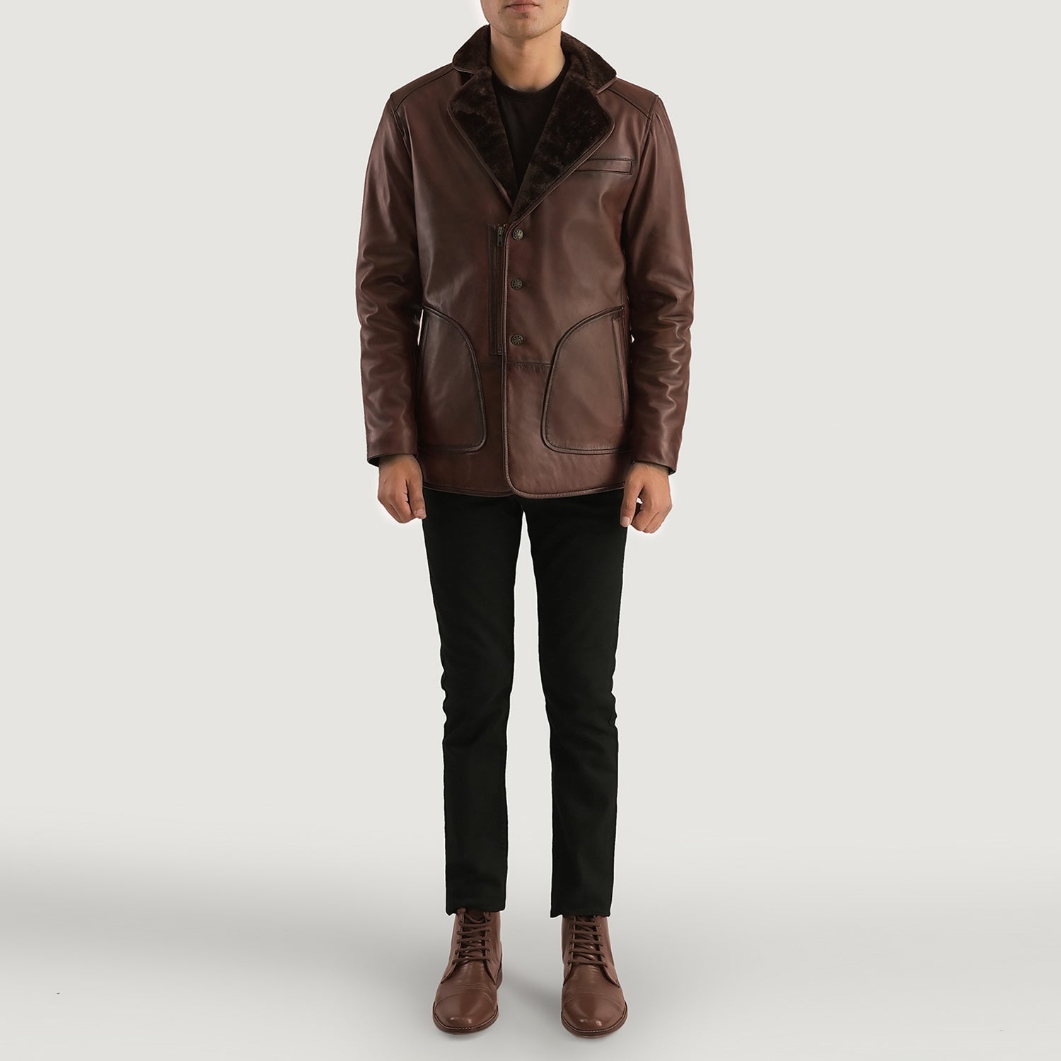 Men's Classic Leather Fur Trim Coat