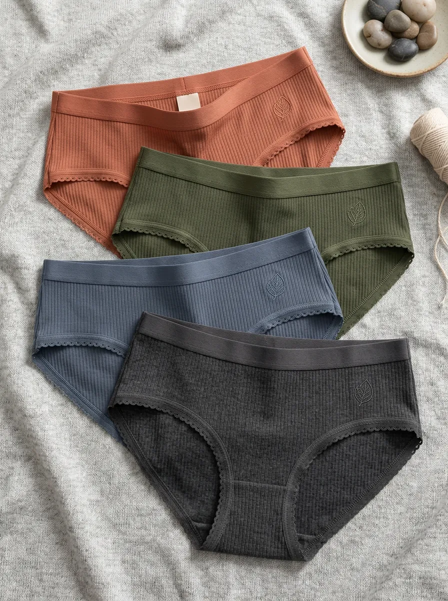 Women's Minimalist Leaf Embroidered Ribbed Cotton Panties Set