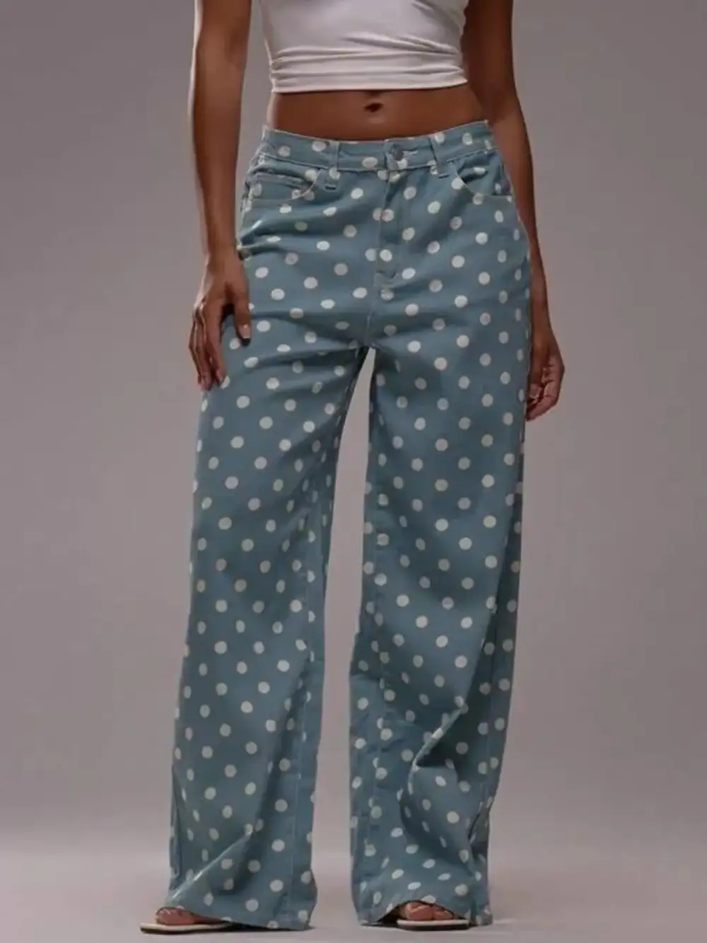 Denim Polka Dot Wide Leg Relaxed Fit Jeans