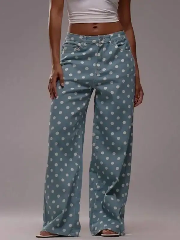 Denim Polka Dot Wide Leg Relaxed Fit Jeans