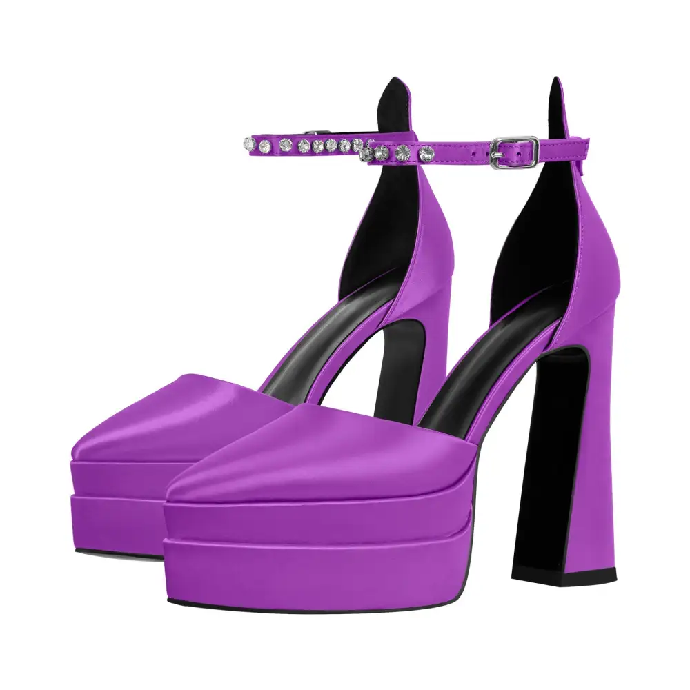 Satin Finish Rhinestone Pointed Toe Double Platform Chunky Heel Pumps