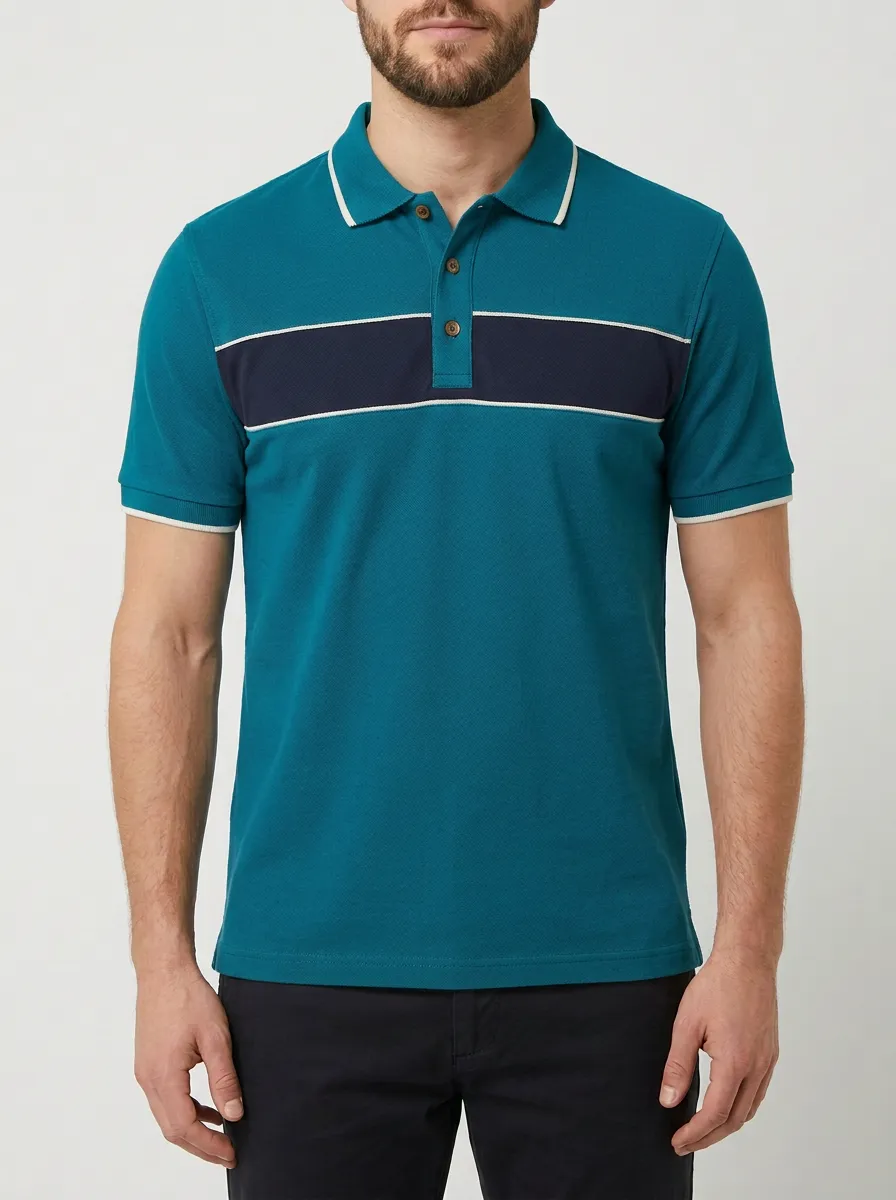 Men's Casual Navy Striped Colorblock Printed Polo Shirt