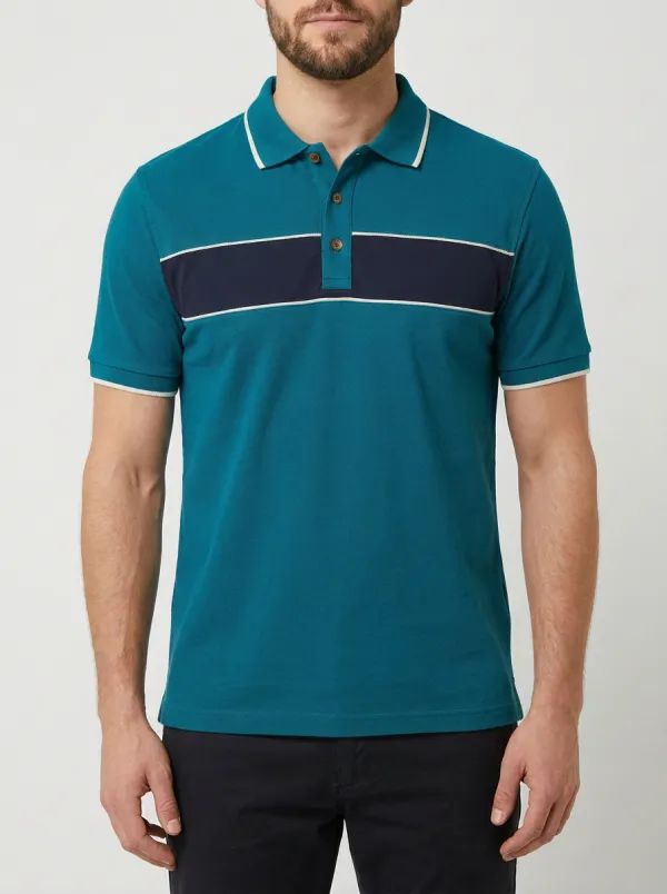 Men's Casual Navy Striped Colorblock Printed Polo Shirt