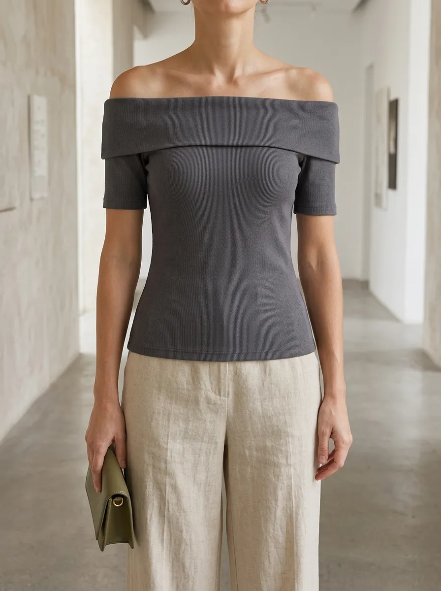 Women's Casual Minimalist Grey Ribbed Off-Shoulder Top