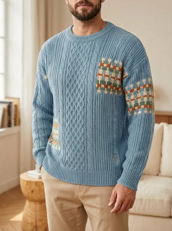 Men's Cable Knit Plaid Sweater