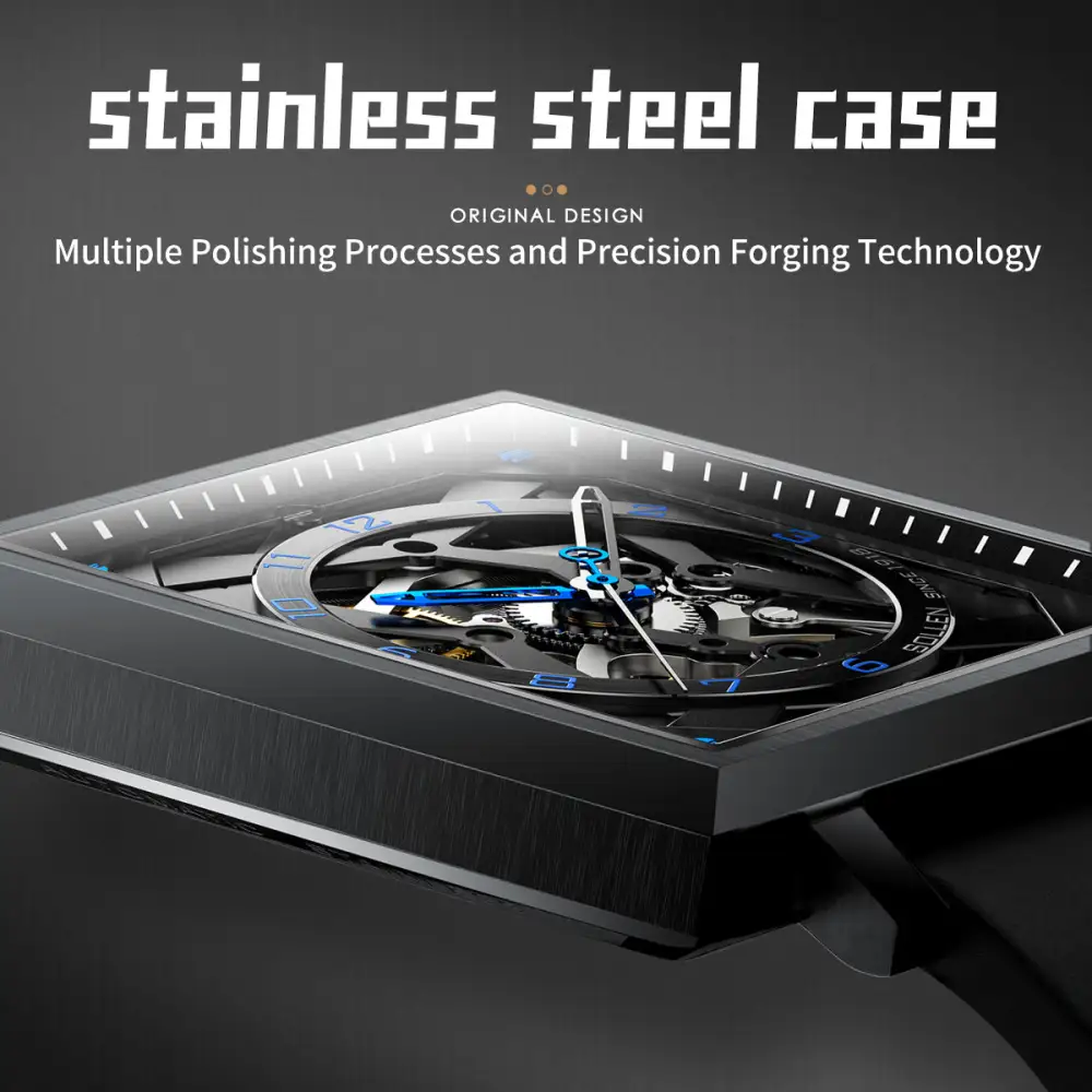 Sollen SL205 Men's Square Skeleton Automatic Mechanical Watch - 35x38mm Stainless Steel Case Sapphire Crystal Open Dial Fluororubber Strap Wristwatch