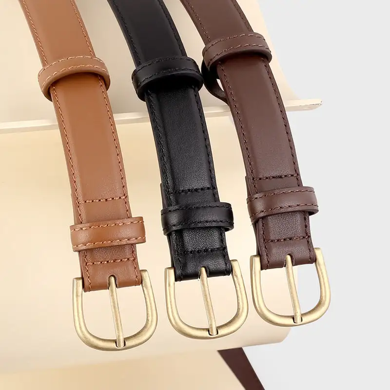 Modern Skinny Leather Belt with Golden Buckle