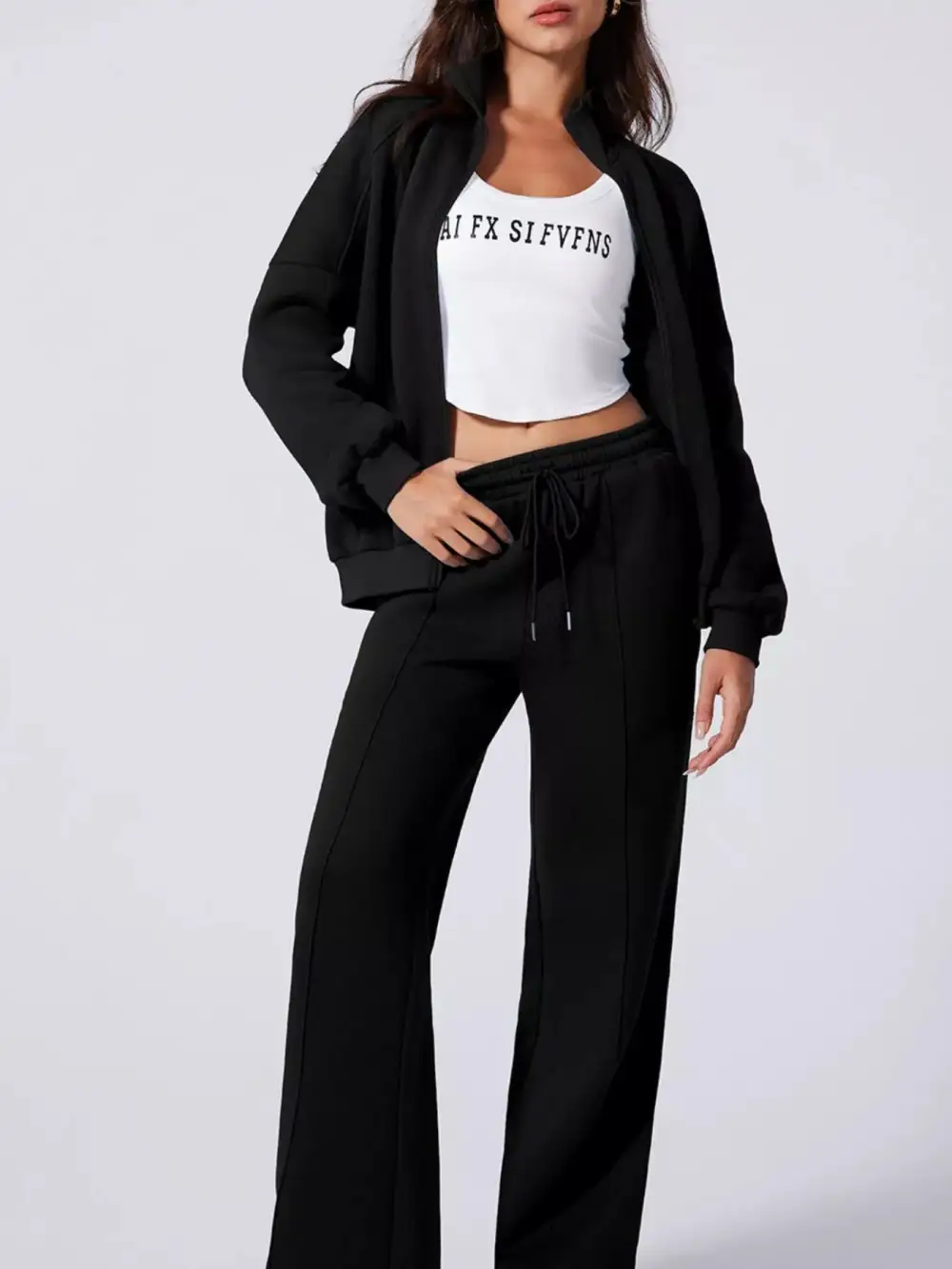 Drop Shoulder Zip Up Jacket And Drawstring Pants Active Two Piece Set