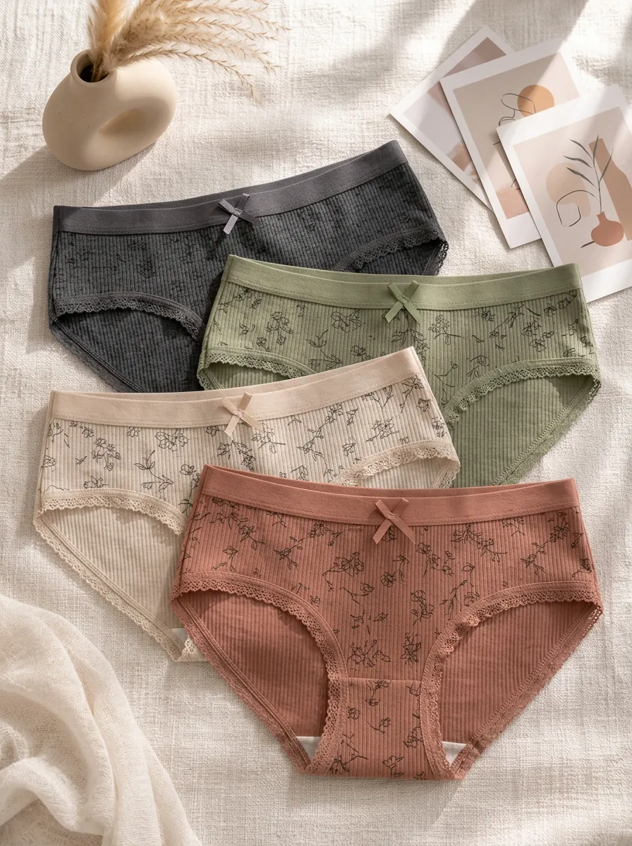 Women's Floral Pattern Ribbed Lace Trim Printed Panties Set