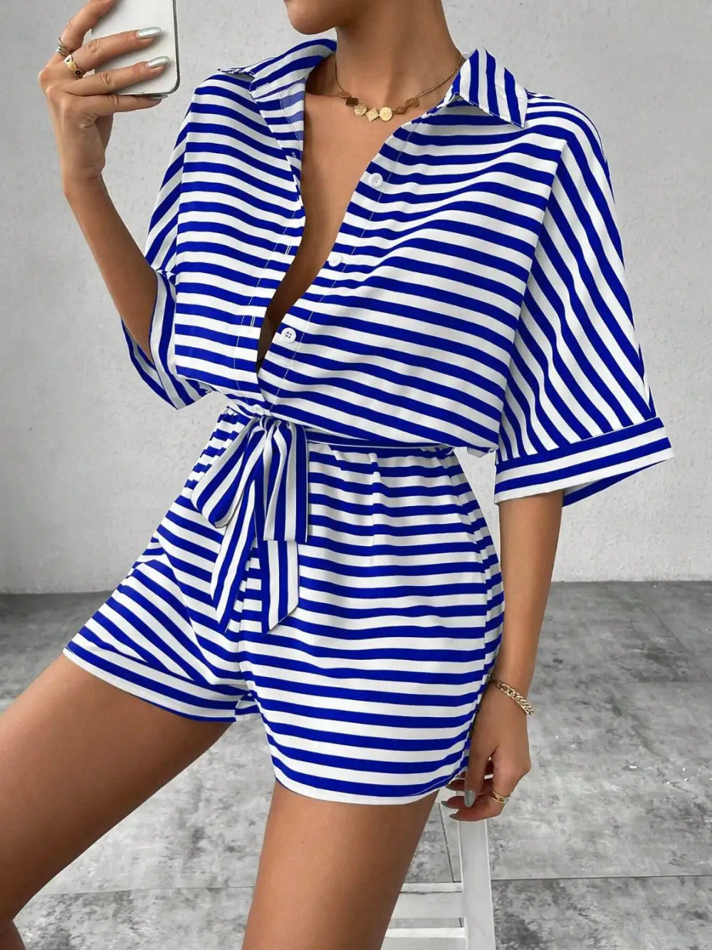 Tie Waist Half Button Romper