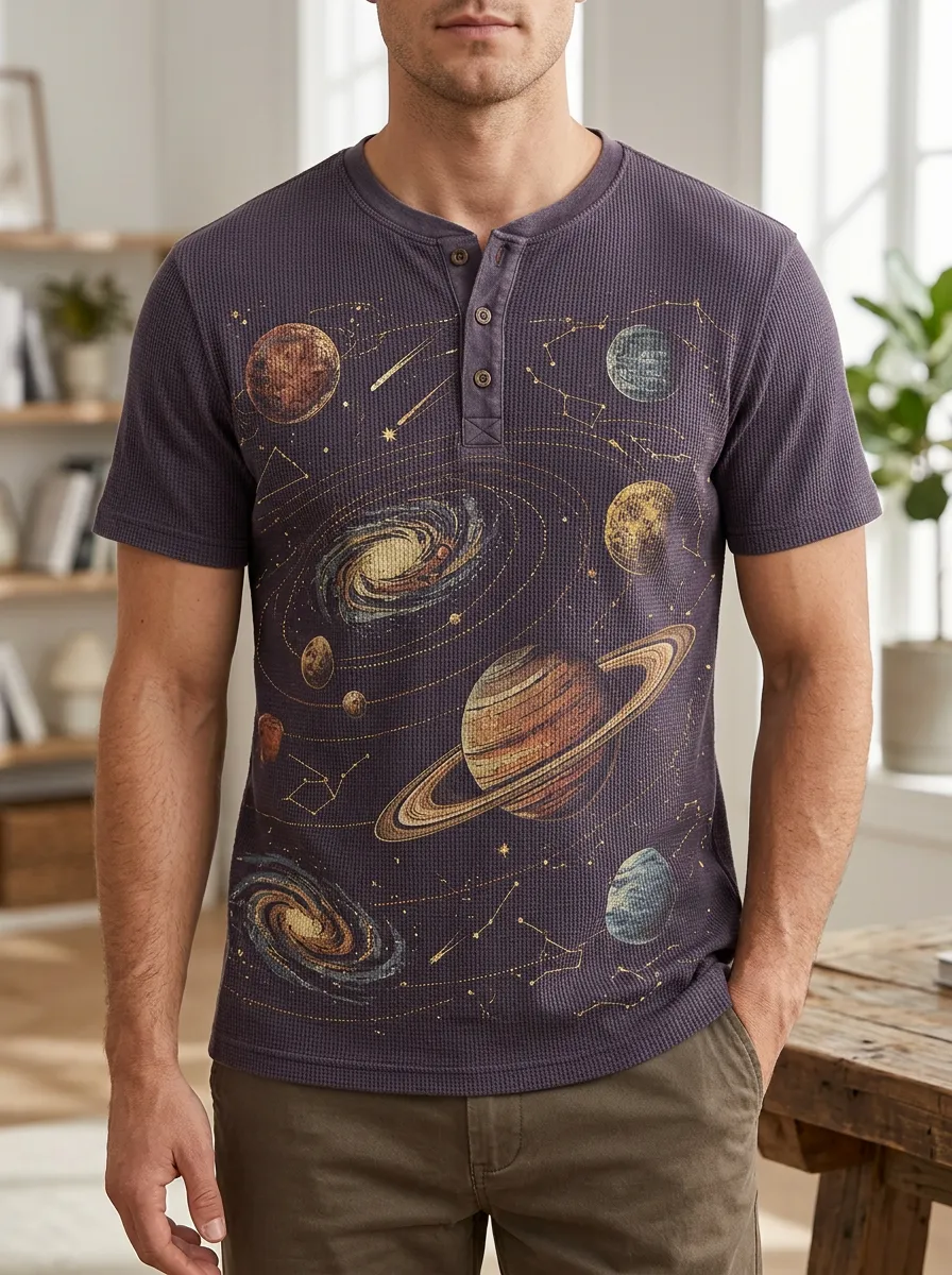 Men's Modern Space Astronomy Galaxy Henley T-Shirt
