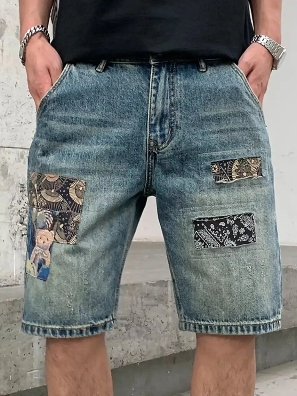 Men's Patchwork Graphic Denim Shorts