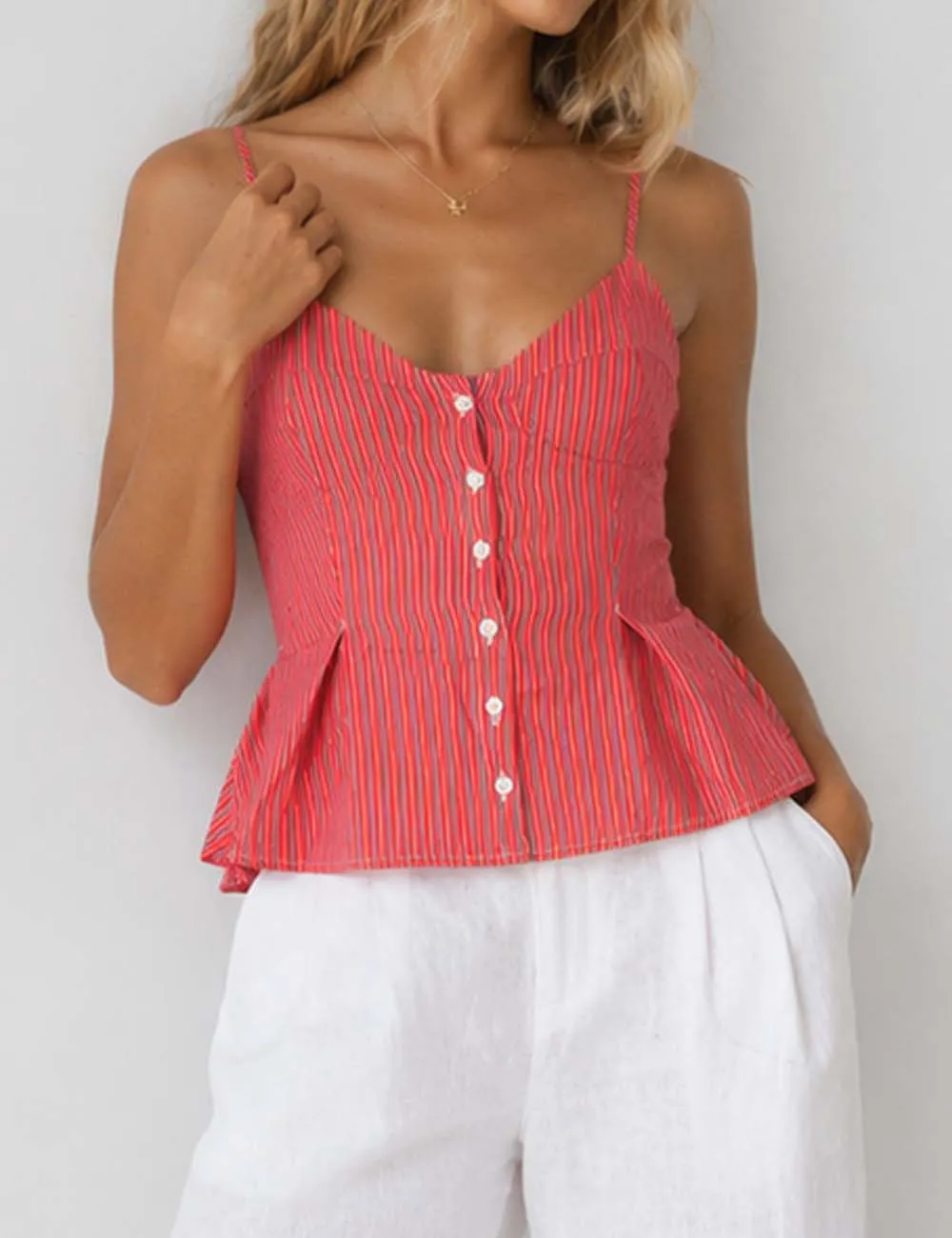 Chic Spaghetti Strap Button Front Peplum Cami Top
