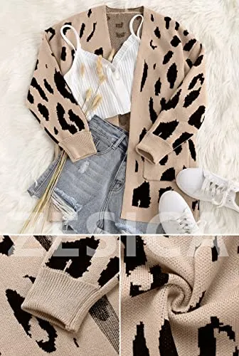 Women's Long Sleeves Open Front Leopard Print Knitted Sweater Cardigan Coat Outwear