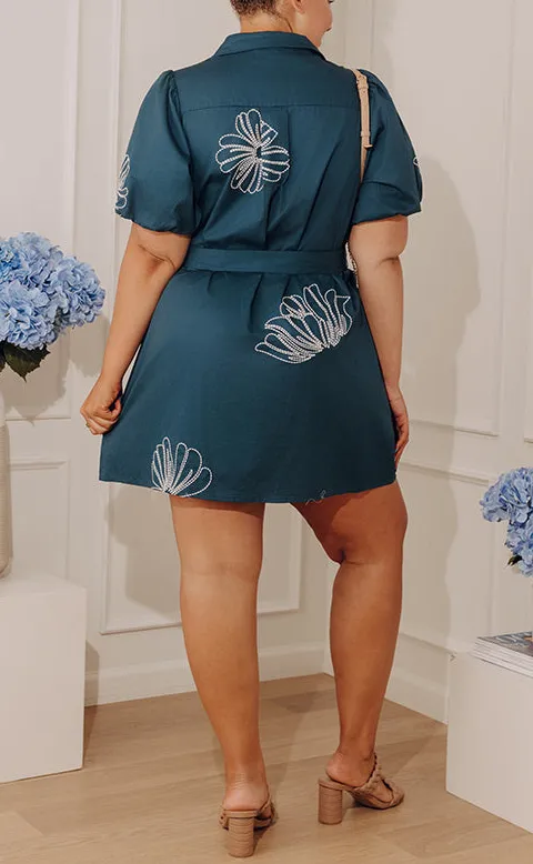 Embroidered Floral V-Neck Short Sleeve Relaxed Mini Dress