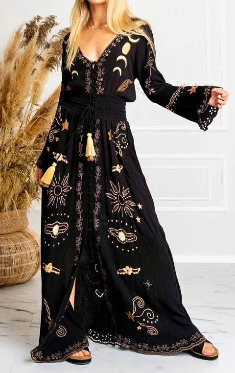 Black Gold Embroidered Tassel Maxi Dress