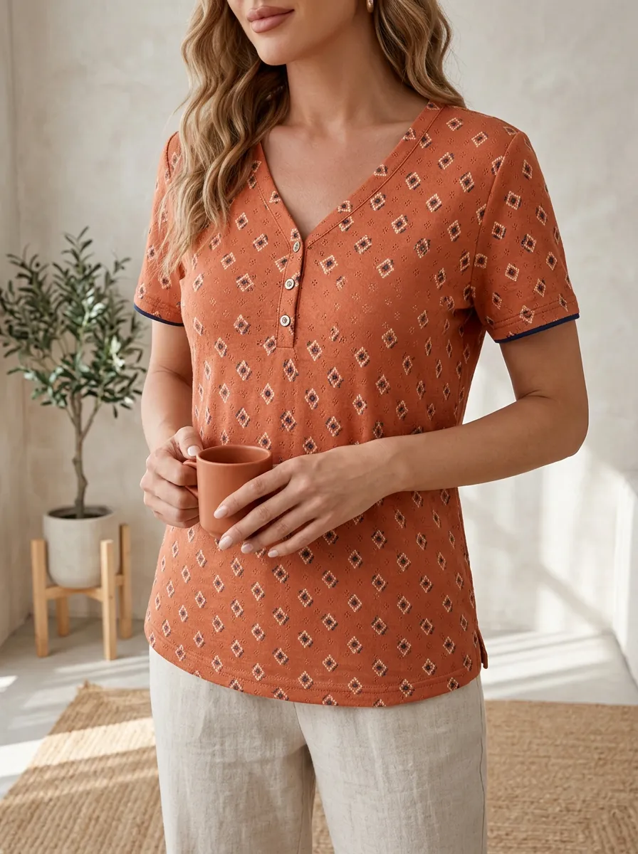 Women's Boho Geometric Pattern Printed Button V-Neck T-Shirt