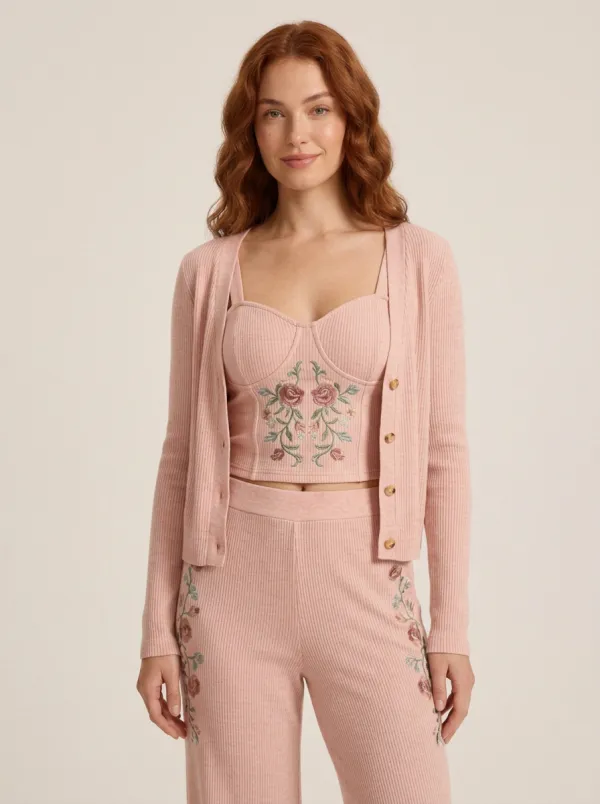 Women's Floral Embroidery Ribbed Knit 3-Piece Cardigan Set