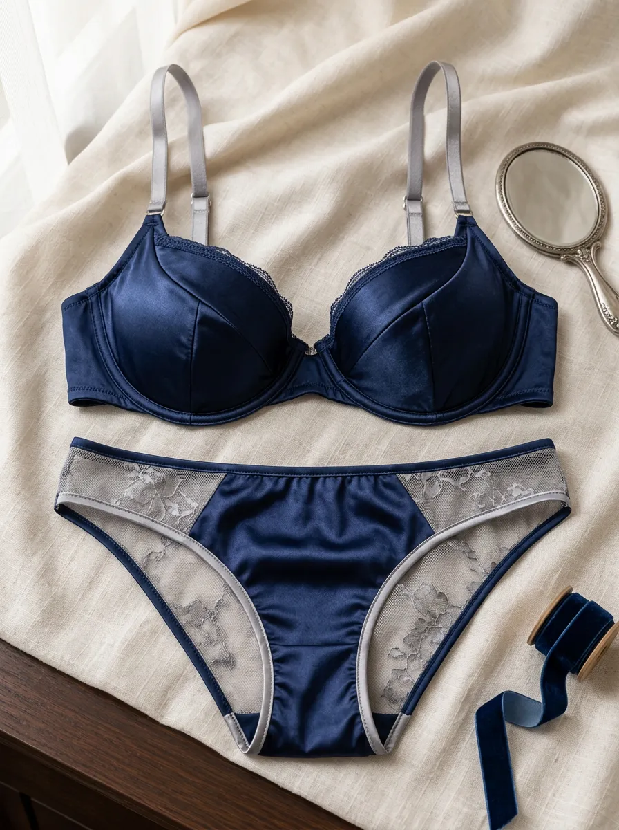 Women's Satin Lace Trimmed Satin Panel Detail Lingerie Set