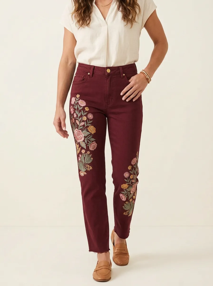 Women's Floral Lover Vintage Rose Embroidered Printed Straight Jeans