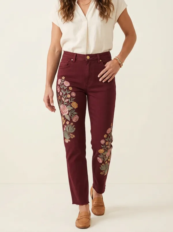 Women's Floral Lover Vintage Rose Embroidered Printed Straight Jeans