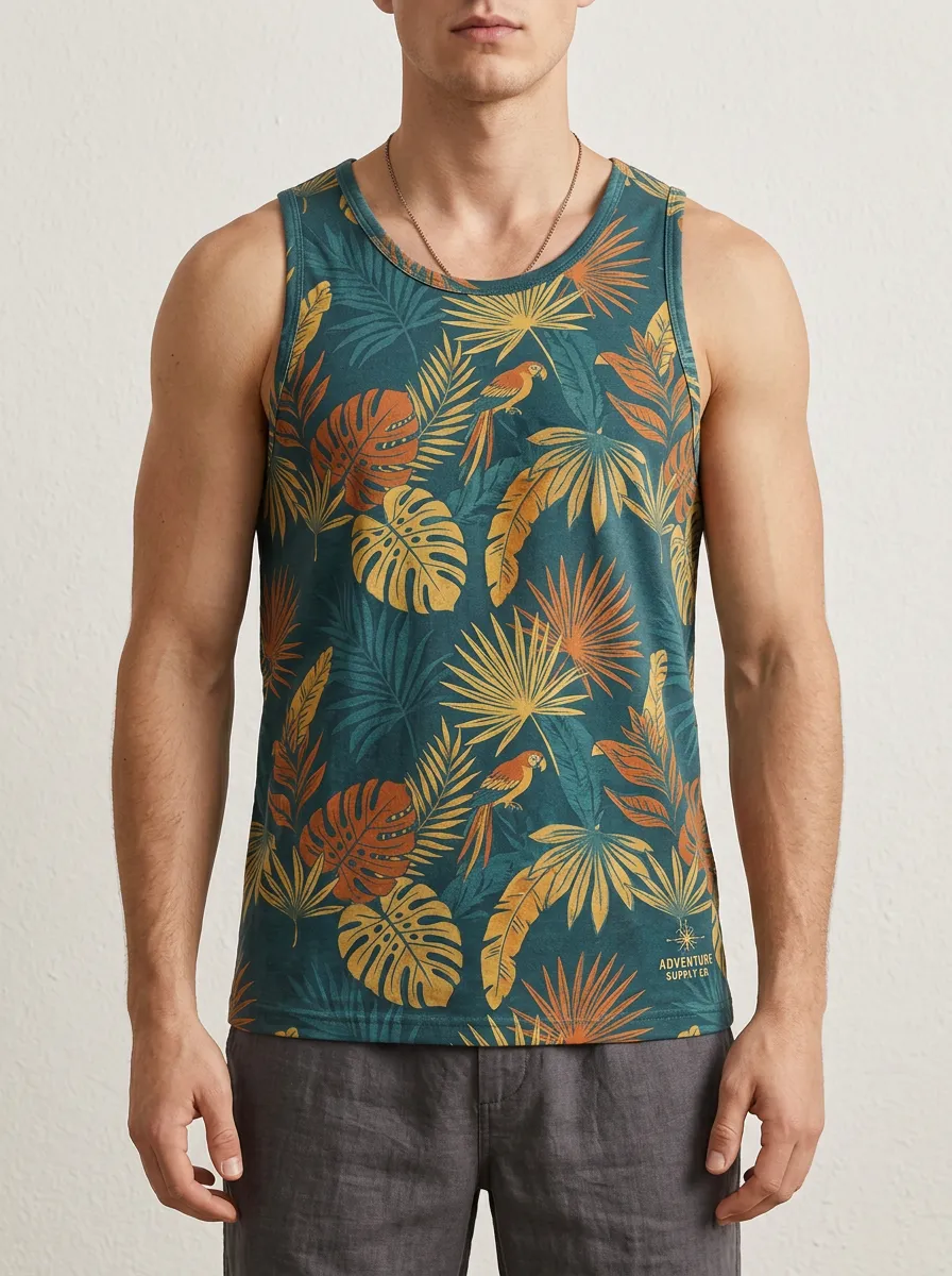 Men's Tropical Parrot Jungle Leaves Printed Tank Top