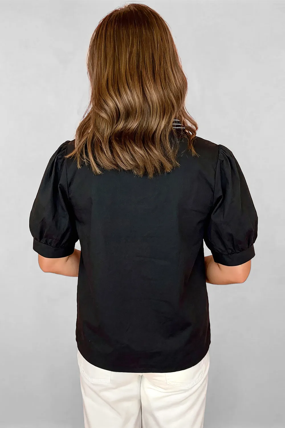 Black Short Puff Sleeve Contrast Blouse