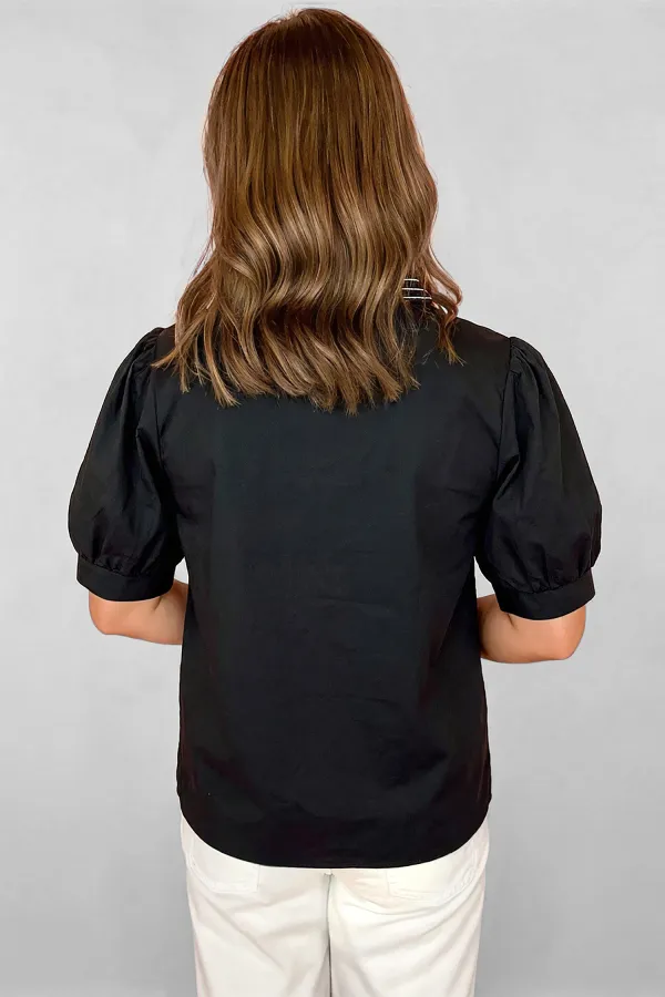 Black Short Puff Sleeve Contrast Blouse