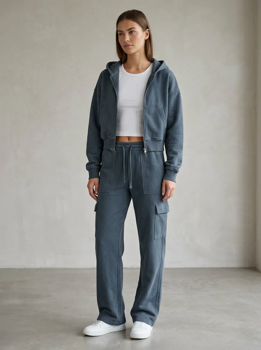 Zip-Up Cargo-Jogger Jogger Minimal Women's Cropped Zip-Up Hoodie Jogger Active Set