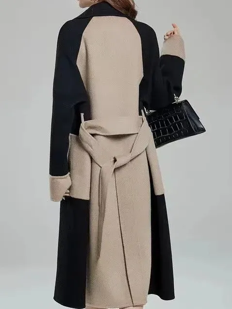 Shawl Collar Long Sleeve Contrast Stitching Buckle Regular Loose Coat For Women
