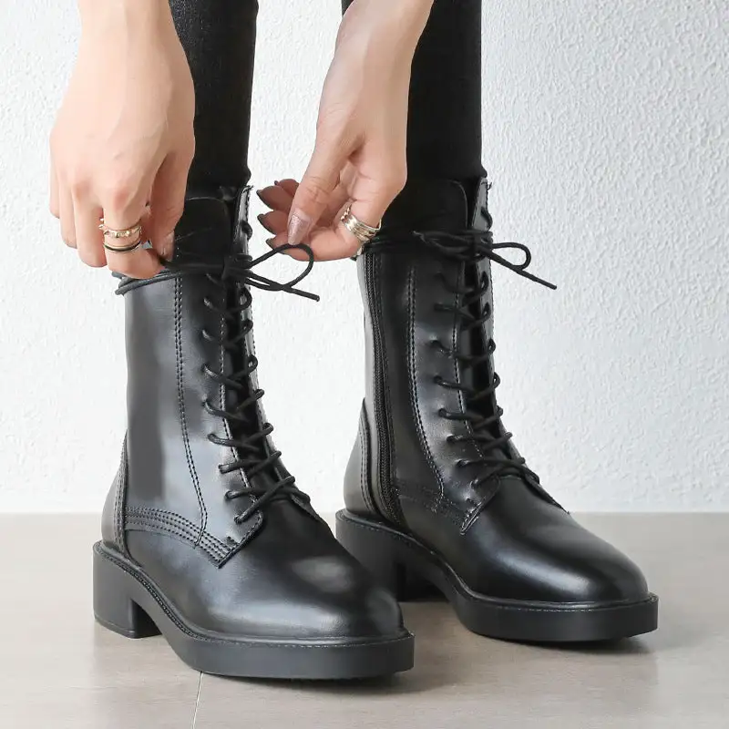 Low-Heel Mid-Calf Combat Boots Lace-Up Biker Boots