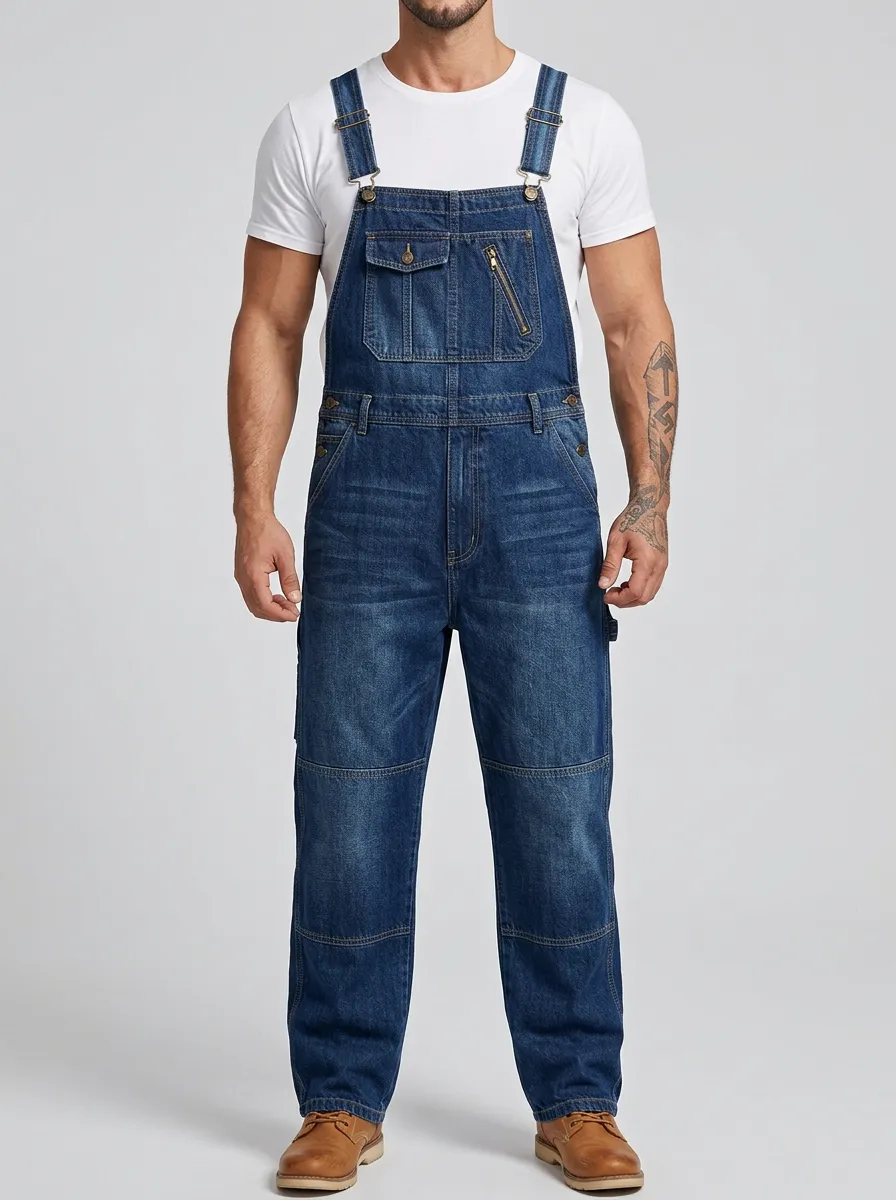 Men's Distressed Workwear Denim Bib Overalls