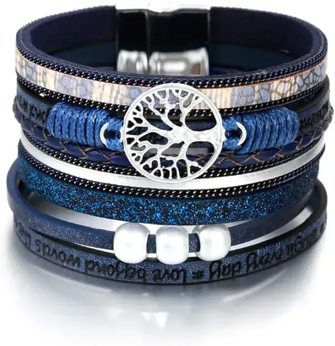 Fesciory Leather Wrap Bracelets for Women, Boho Leopard Multi-Layer Crystal Beads Cuff Bracelet Jewelry