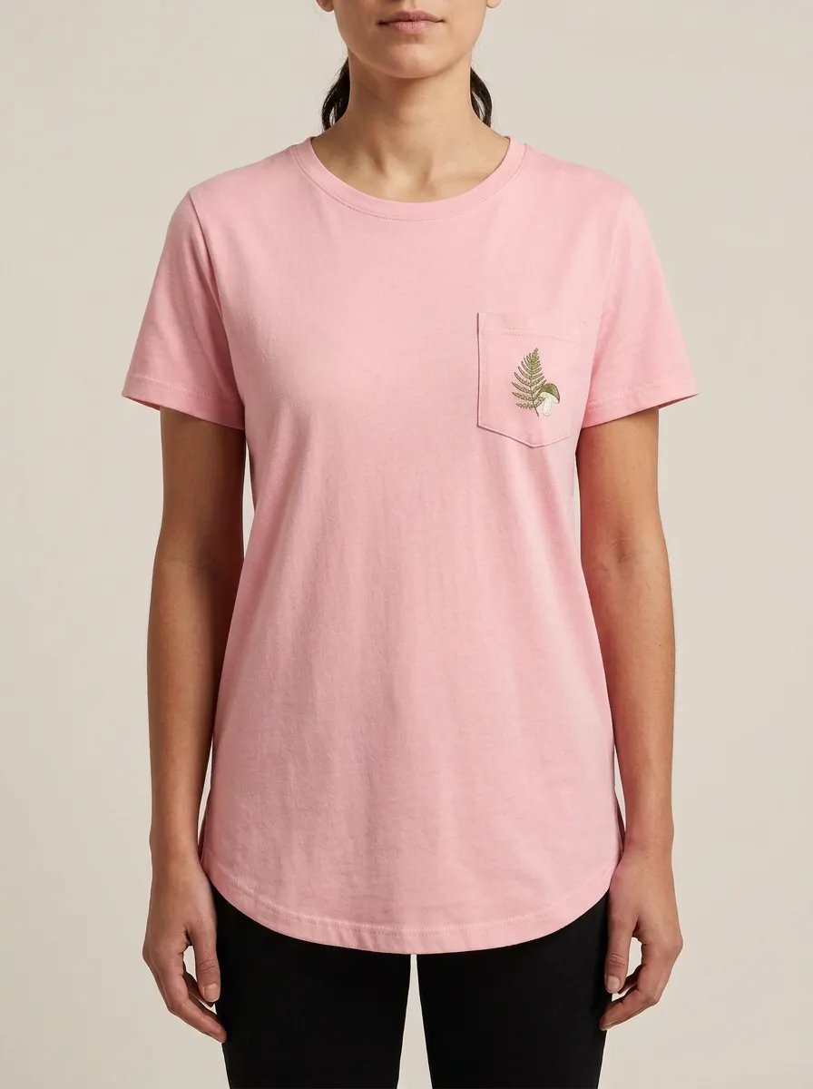 Women's Fern & Mushroom Embroidered Pocket Crewneck T-Shirt