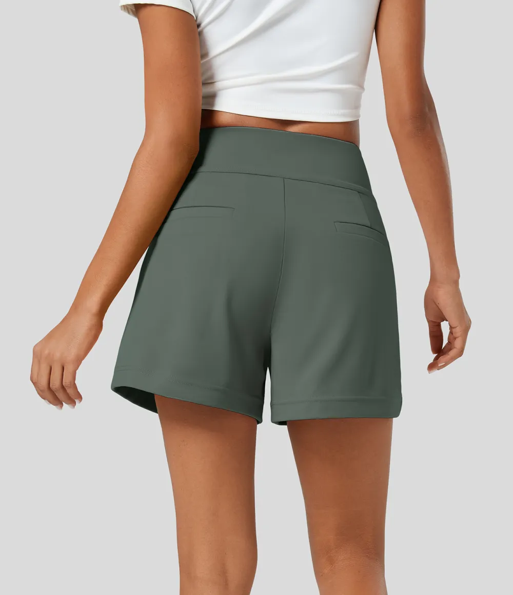 High Waisted Plicated Side Pocket Wide Leg Work Shorts