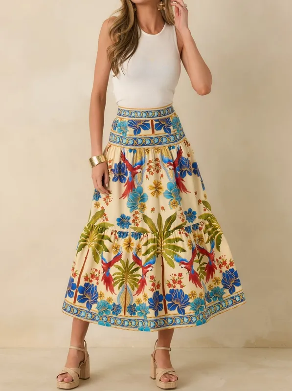 Multi Print Tiered Maxi Skirt