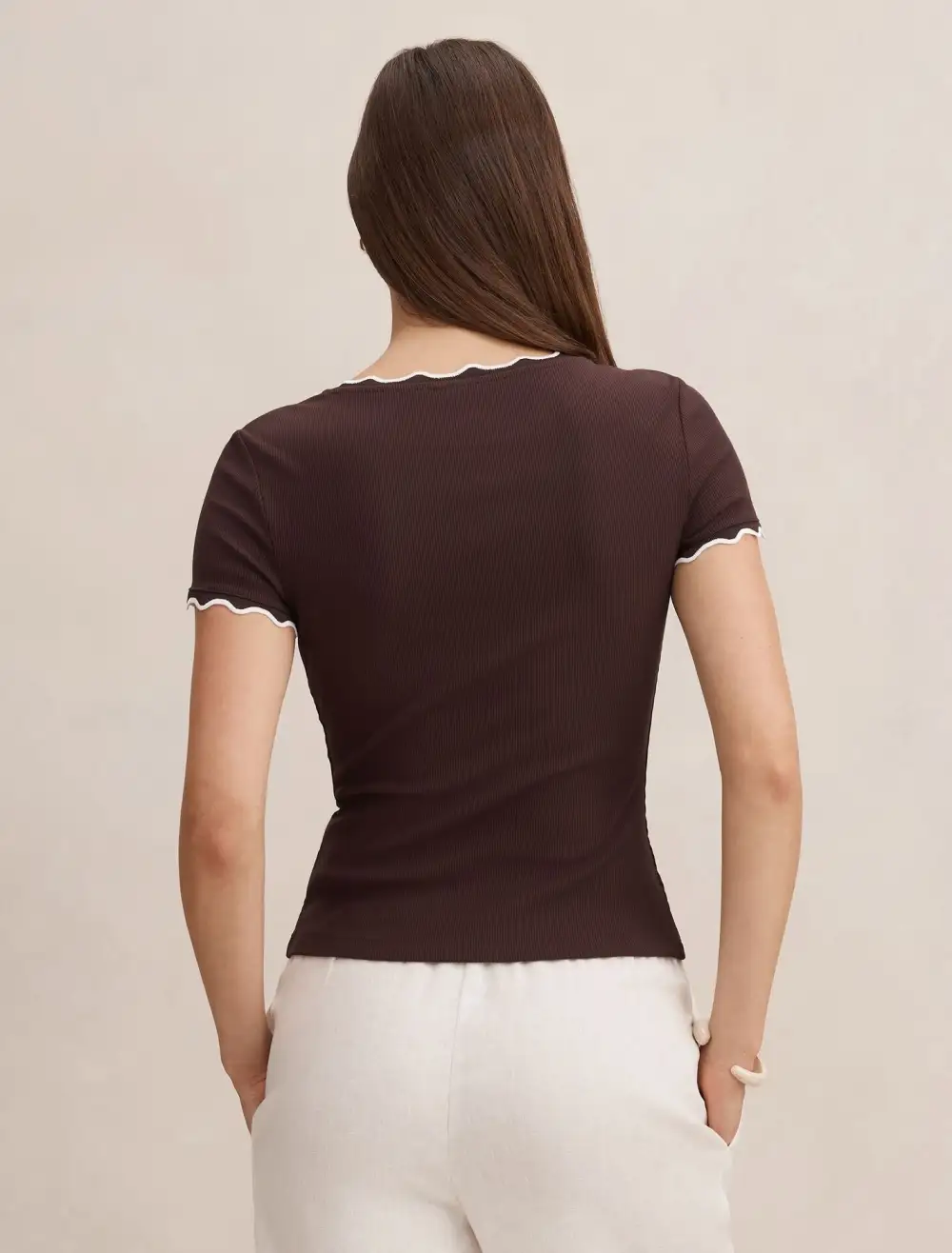 Burgundy Scallop Trim Ribbed Knit T-Shirt