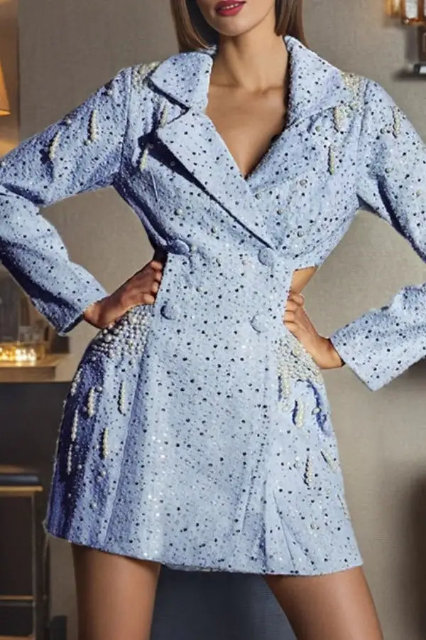 Blue Sequined & Beaded Decor Ripped Denim Cutout Waist Mini Dress