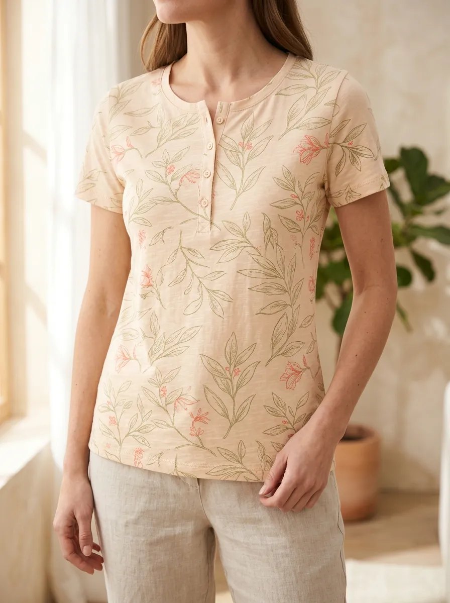 Women's Botanical Floral Print Henley Neck Printed T-shirt