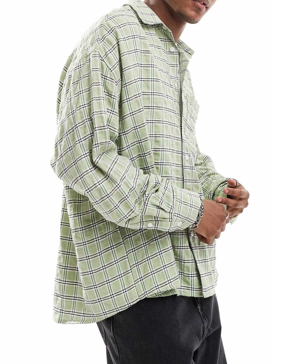Oversized Seersucker Shirt In Green Check
