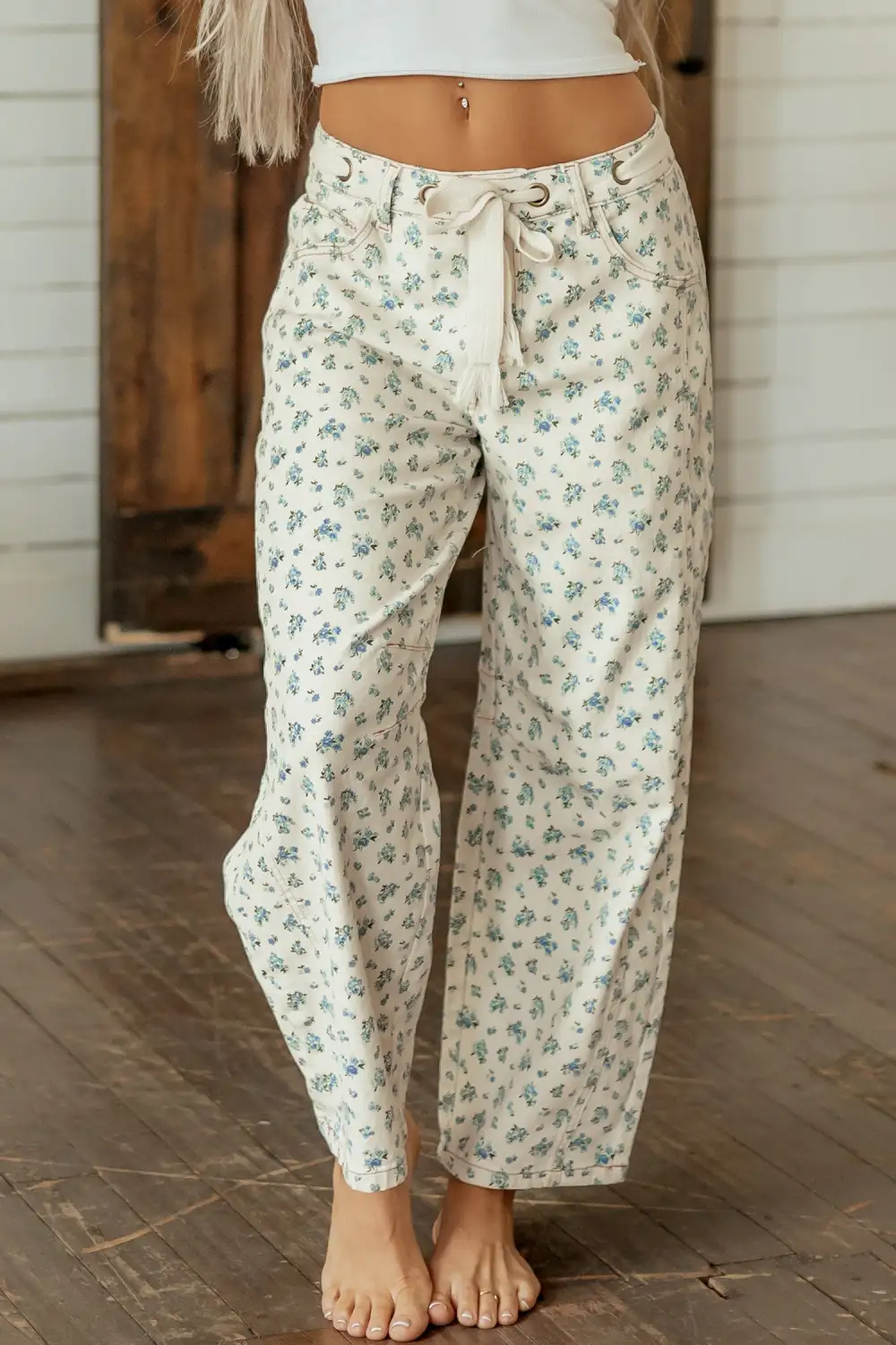 Women's Grommet Knot Waist Floral Barrel Leg Jeans