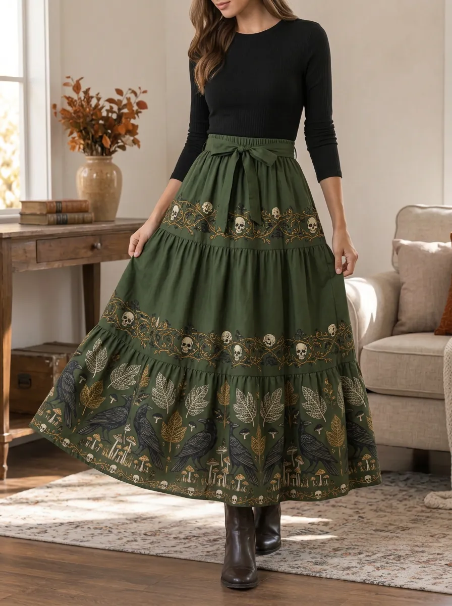 Women's Halloween Gothic Raven Skull Printed Midi Skirt