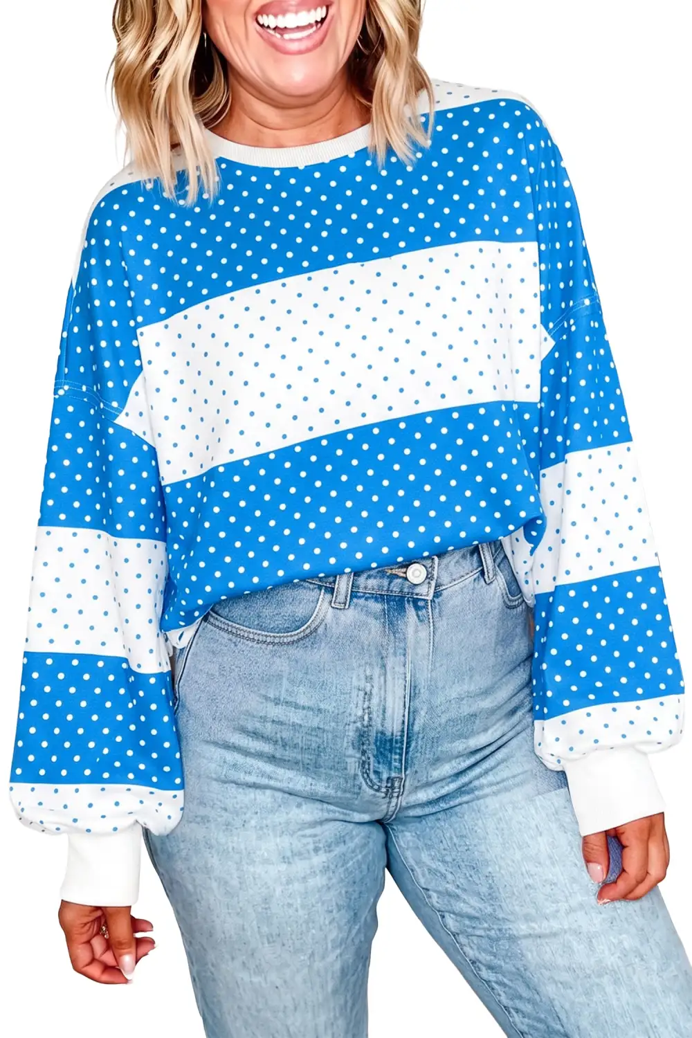 Refined Polka Dot Relaxed Stretch Fabric Long Sleeve Top