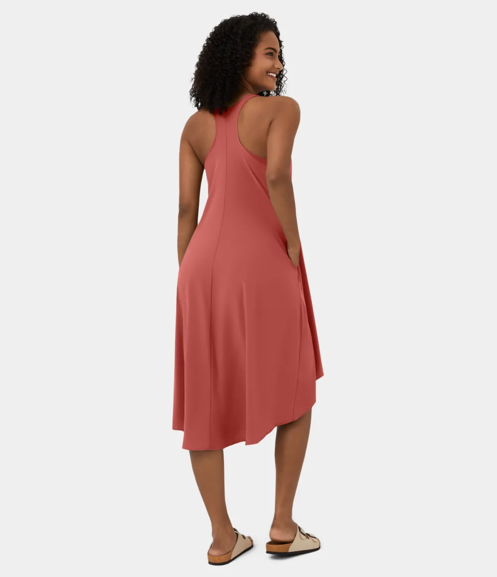 Breezeful Backless Racerback Side Pocket High Low Flowy Midi Quick Dry Casual Dress