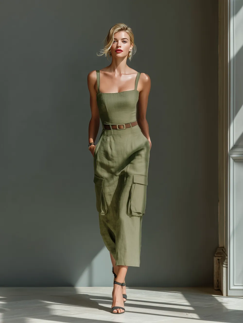 Women's Olive Green Linen Fabric Sleeveless Midi Dress With Cargo Pockets & Belted Waist