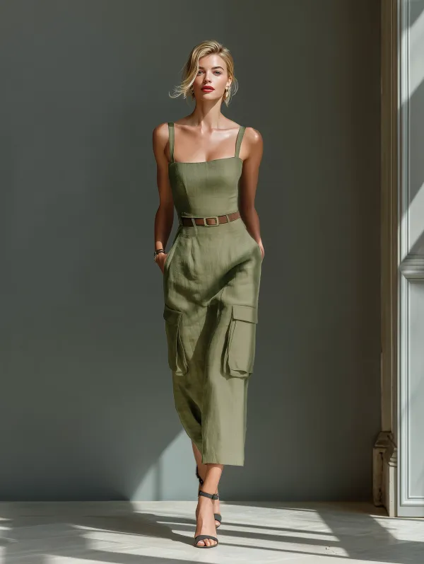 Women's Olive Green Linen Fabric Sleeveless Midi Dress With Cargo Pockets & Belted Waist