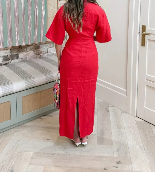 Red Ruched Midi Dress