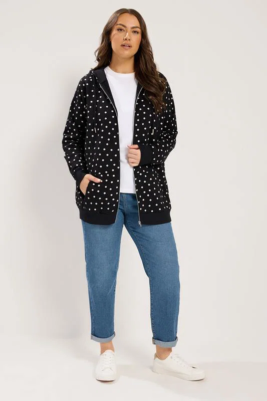 Black Polka Dot Zip Through Raglan Hoodie detail 2