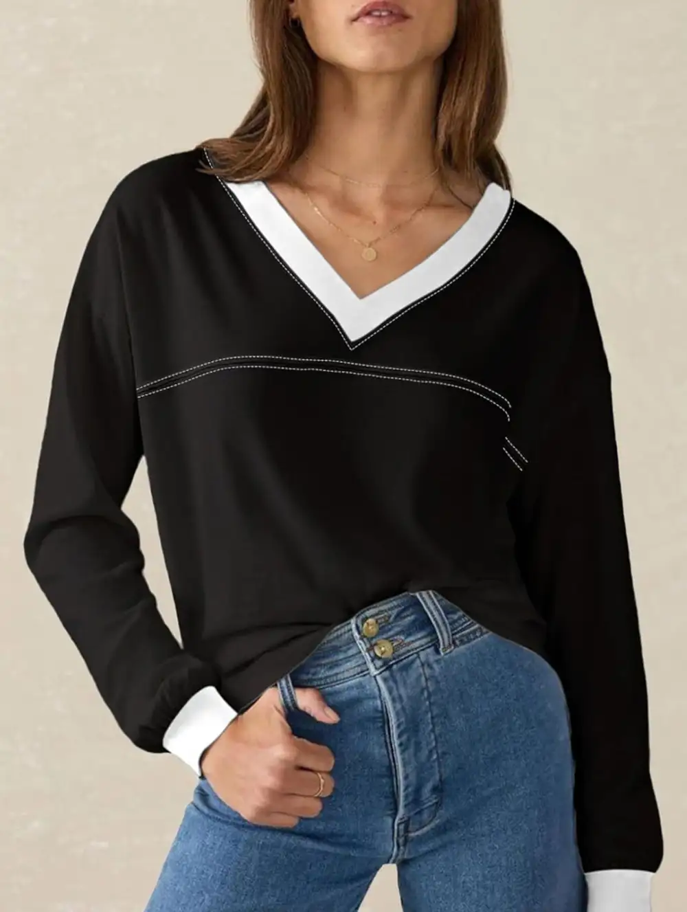 Contrast V Neck Loose Sweatshirt